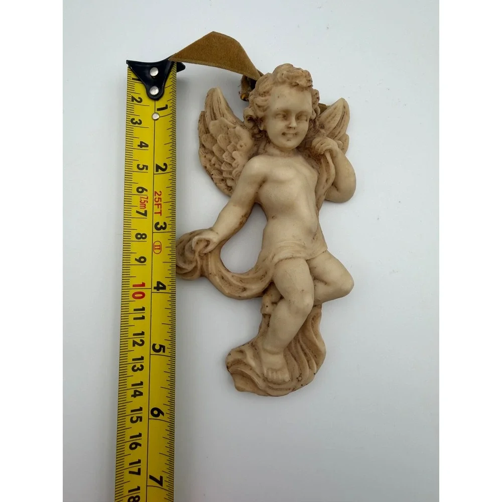 Vintage Cherub Angel Ornaments Set of 2 Ivory Faux Stone Resin Christmas Decor